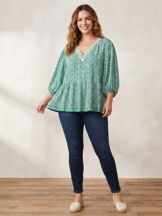 Max Studio Tops - Max Studio Green Ditsy Floral Lace-Trim Peasant Tunic